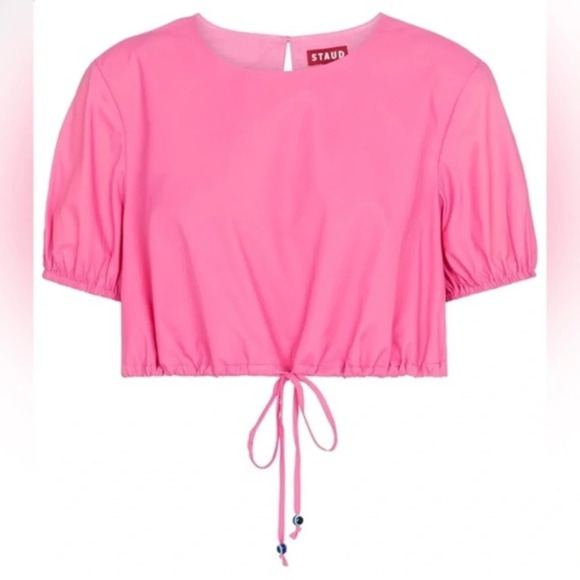 New STAUD Prato Hot Pink Short sleeve nylon top, Drawstring Crop Top, Size L - Picture 1 of 6